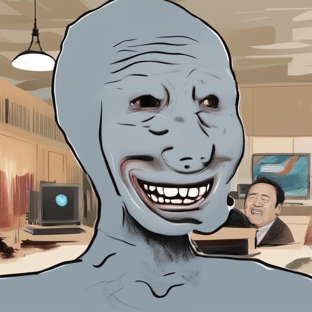 An exaggerated digital art of a 'Derpy Wojak' with a halved head, drooling and looking incredibly goofy