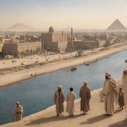 A historic scenario of Islamic Egypt in the 1800s, with traditional architecture, locals in period clothing, and the river Nile flowing in the backdrop.