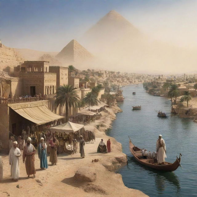 A historic scenario of Islamic Egypt in the 1800s, with traditional architecture, locals in period clothing, and the river Nile flowing in the backdrop.