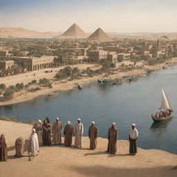 A historic scenario of Islamic Egypt in the 1800s, with traditional architecture, locals in period clothing, and the river Nile flowing in the backdrop.