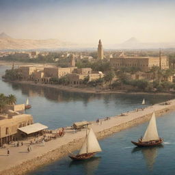 A historic scenario of Islamic Egypt in the 1800s, with traditional architecture, locals in period clothing, and the river Nile flowing in the backdrop.