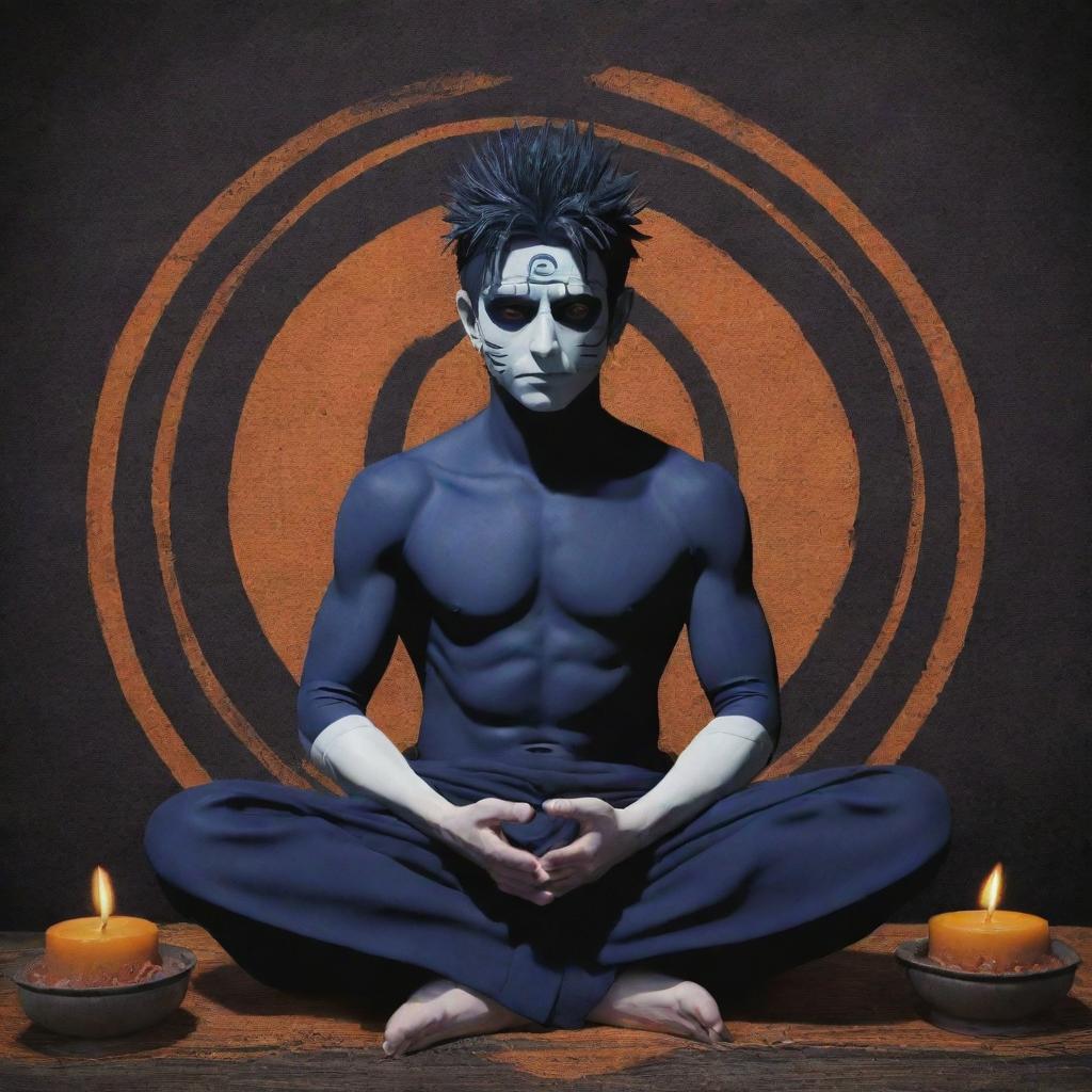 Obito Uchiha, a character from Naruto, in a pose of prayer, paying homage to Lord Shiva. The background contains traditional Shiva elements, such as a Shivalinga and a Trishula.