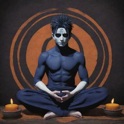 Obito Uchiha, a character from Naruto, in a pose of prayer, paying homage to Lord Shiva. The background contains traditional Shiva elements, such as a Shivalinga and a Trishula.