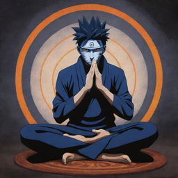 Obito Uchiha, a character from Naruto, in a pose of prayer, paying homage to Lord Shiva. The background contains traditional Shiva elements, such as a Shivalinga and a Trishula.