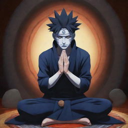 Obito Uchiha, a character from Naruto, in a pose of prayer, paying homage to Lord Shiva. The background contains traditional Shiva elements, such as a Shivalinga and a Trishula.