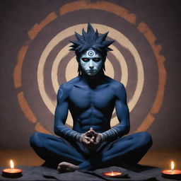 Obito Uchiha, a character from Naruto, in a pose of prayer, paying homage to Lord Shiva. The background contains traditional Shiva elements, such as a Shivalinga and a Trishula.