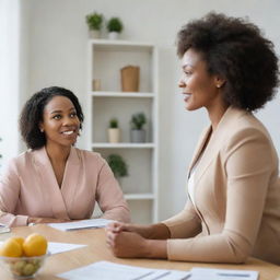 A professional black nutritionist delivering advisory services, holding a discussion with a client about what to eat, both seated in a warm, welcoming office environment