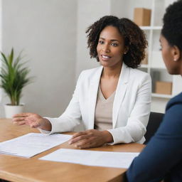 A professional black nutritionist delivering advisory services, holding a discussion with a client about what to eat, both seated in a warm, welcoming office environment