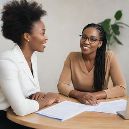 A professional black nutritionist delivering advisory services, holding a discussion with a client about what to eat, both seated in a warm, welcoming office environment