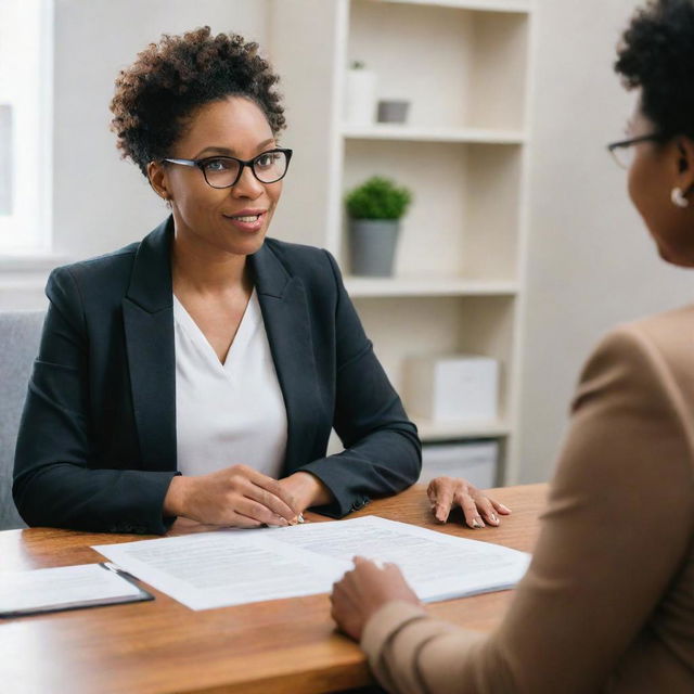 A professional black nutritionist delivering advisory services, holding a discussion with a client about what to eat, both seated in a warm, welcoming office environment