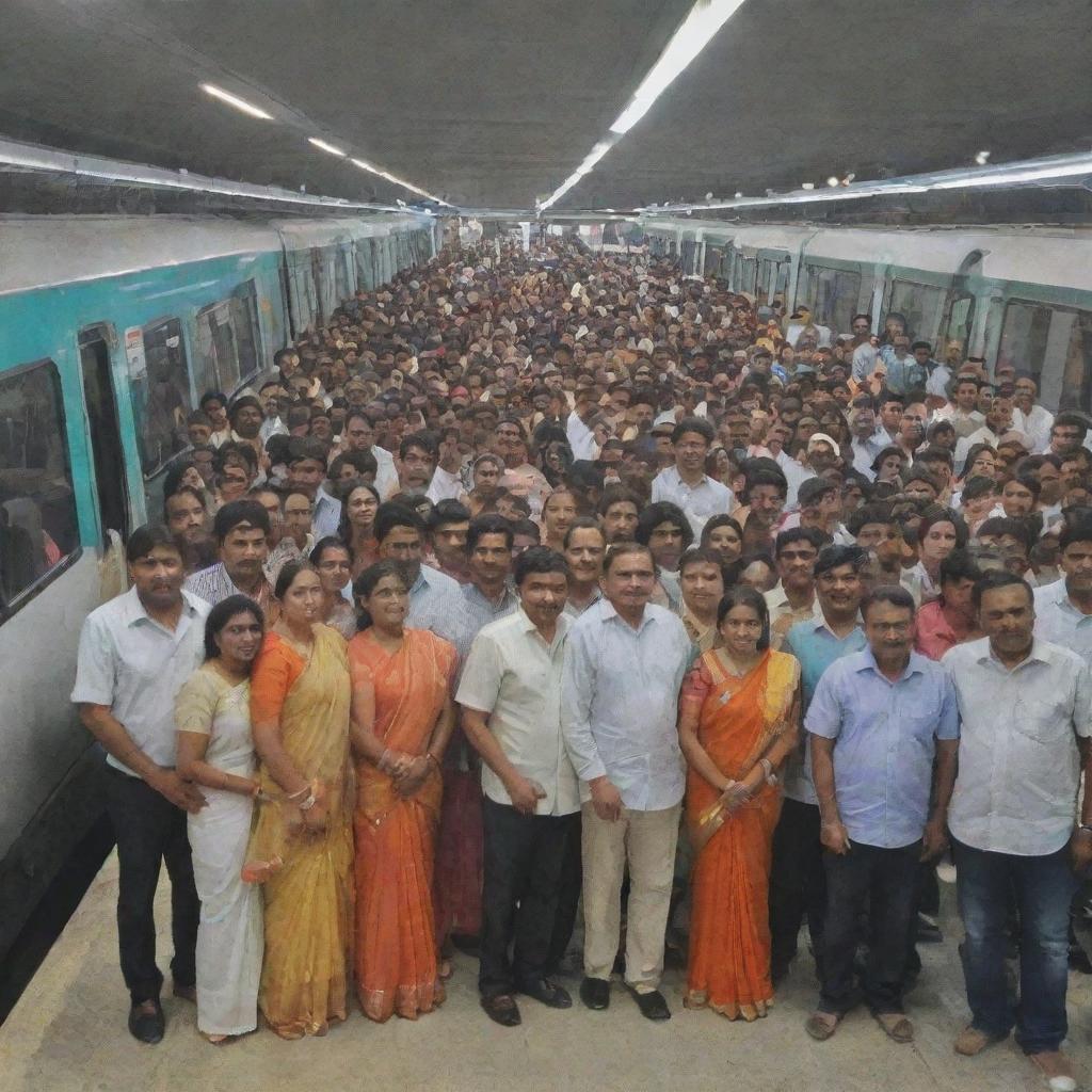 Realistic image of a group of Hindu individuals standing at the Noida Metro in India, prominently displaying the busy platform, the gleaming metro train and the culturally diverse crowd.