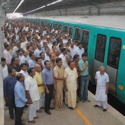 Realistic image of a group of Hindu individuals standing at the Noida Metro in India, prominently displaying the busy platform, the gleaming metro train and the culturally diverse crowd.