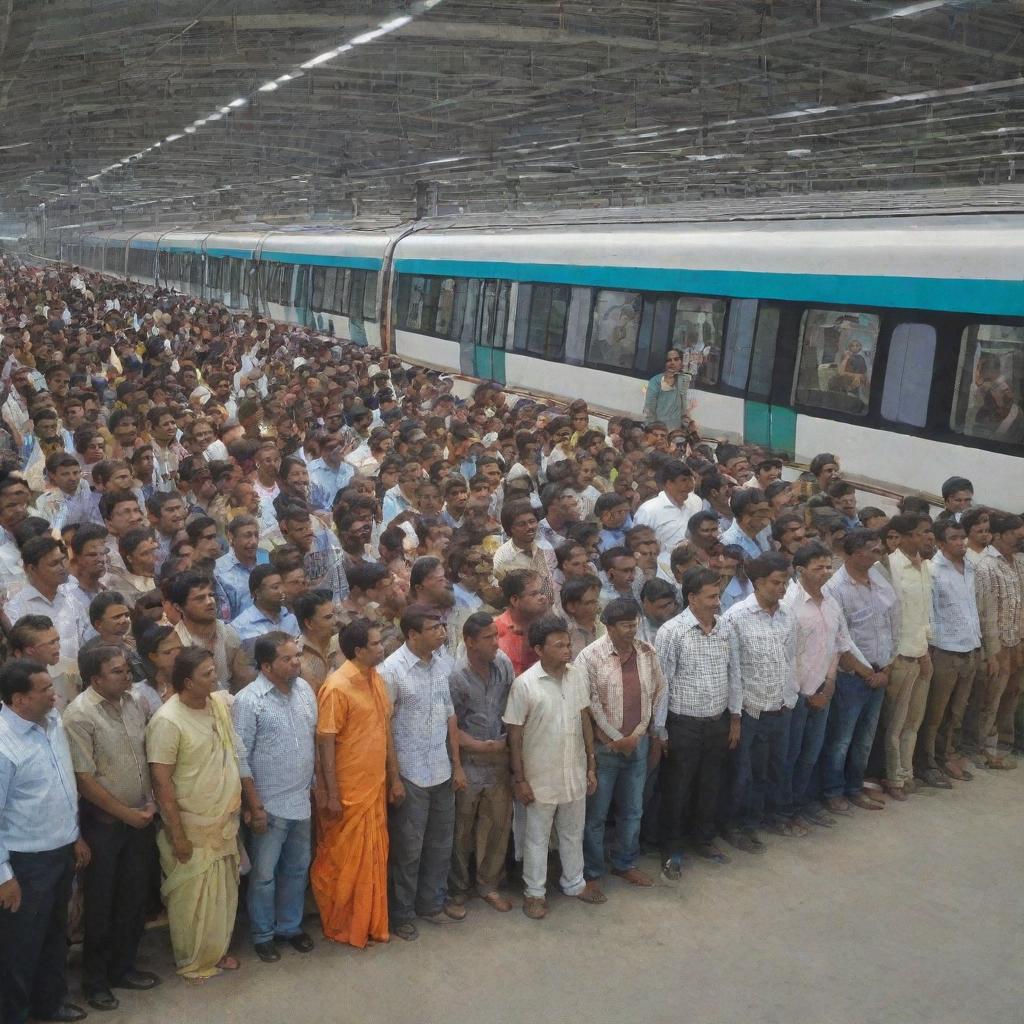 Realistic image of a group of Hindu individuals standing at the Noida Metro in India, prominently displaying the busy platform, the gleaming metro train and the culturally diverse crowd.