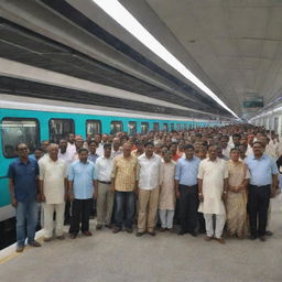 Realistic image of a group of Hindu individuals standing at the Noida Metro in India, prominently displaying the busy platform, the gleaming metro train and the culturally diverse crowd.