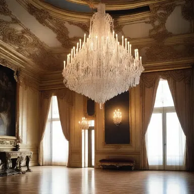 The grand chandelier, with plucked strings shimmering in the light, added an elegant touch to the interior design of the palace.