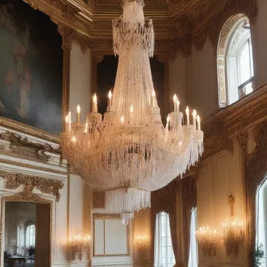 The grand chandelier, with plucked strings shimmering in the light, added an elegant touch to the interior design of the palace.