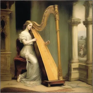 The writer vividly described the plucked strings of the harp, emphasizing the melancholic atmosphere in the literary masterpiece.
