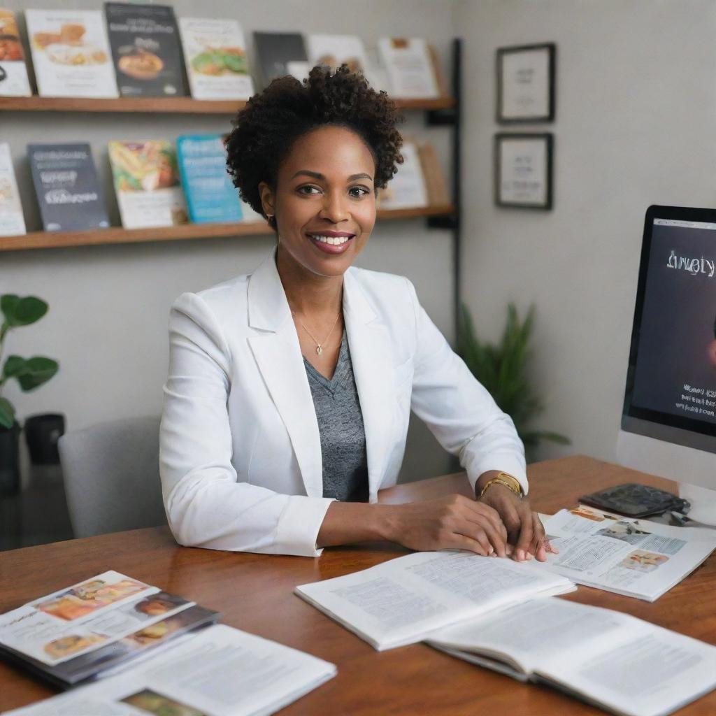 A professional black nutritionist in an office setting, delivering advisory services to a client about optimal food choices, surrounded by health-oriented books and posters