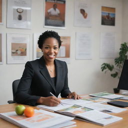 A professional black nutritionist in an office setting, delivering advisory services to a client about optimal food choices, surrounded by health-oriented books and posters