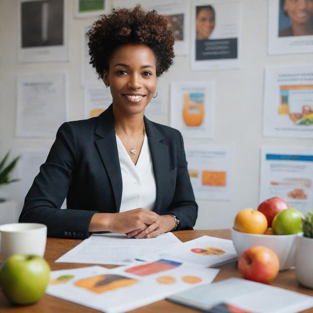 A professional black nutritionist in an office setting, delivering advisory services to a client about optimal food choices, surrounded by health-oriented books and posters