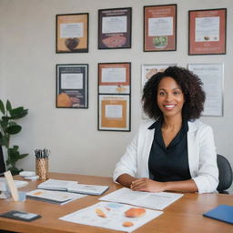 A professional black nutritionist in an office setting, delivering advisory services to a client about optimal food choices, surrounded by health-oriented books and posters