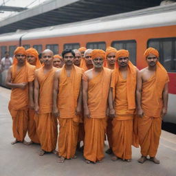 Realistic image of a group of Hindus wearing saffron clothes standing outside a metro station, with bustling urban life and the train station's architectural details.