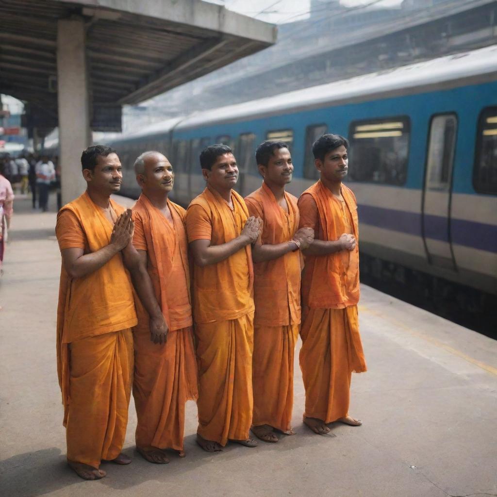 Realistic image of a group of Hindus wearing saffron clothes standing outside a metro station, with bustling urban life and the train station's architectural details.