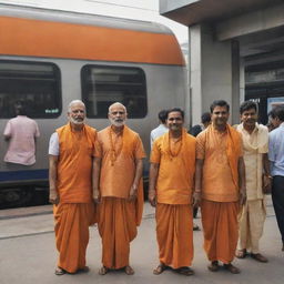 Realistic image of a group of Hindus wearing saffron clothes standing outside a metro station, with bustling urban life and the train station's architectural details.