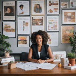 A professional black nutritionist sincerely advising a client inside a tastefully decorated office environment, surrounded by health-oriented posters, books and models