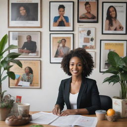 A professional black nutritionist sincerely advising a client inside a tastefully decorated office environment, surrounded by health-oriented posters, books and models