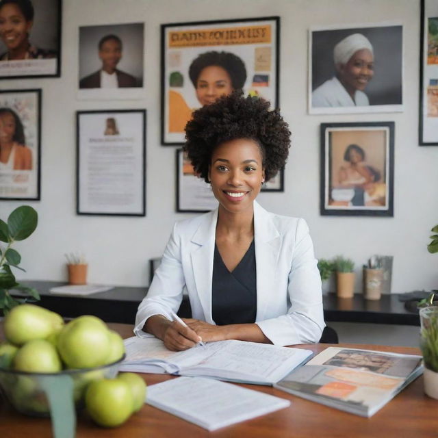 A professional black nutritionist sincerely advising a client inside a tastefully decorated office environment, surrounded by health-oriented posters, books and models