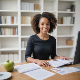 A professional black nutritionist engaged in providing diet advice to a client in a well-lit, welcoming office environment packed with health-related books and posters