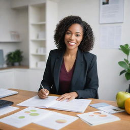 A professional black nutritionist engaged in providing diet advice to a client in a well-lit, welcoming office environment packed with health-related books and posters