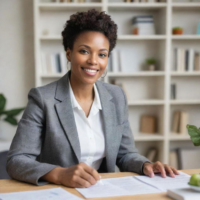 A professional black nutritionist engaged in providing diet advice to a client in a well-lit, welcoming office environment packed with health-related books and posters