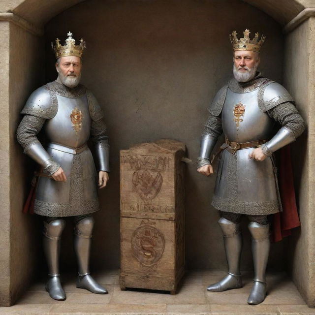 3D image of King Philip II of France and King Richard I of England, preparing for the Third Crusade with detailed views of their medieval weapons