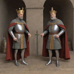 3D image of King Philip II of France and King Richard I of England, preparing for the Third Crusade with detailed views of their medieval weapons