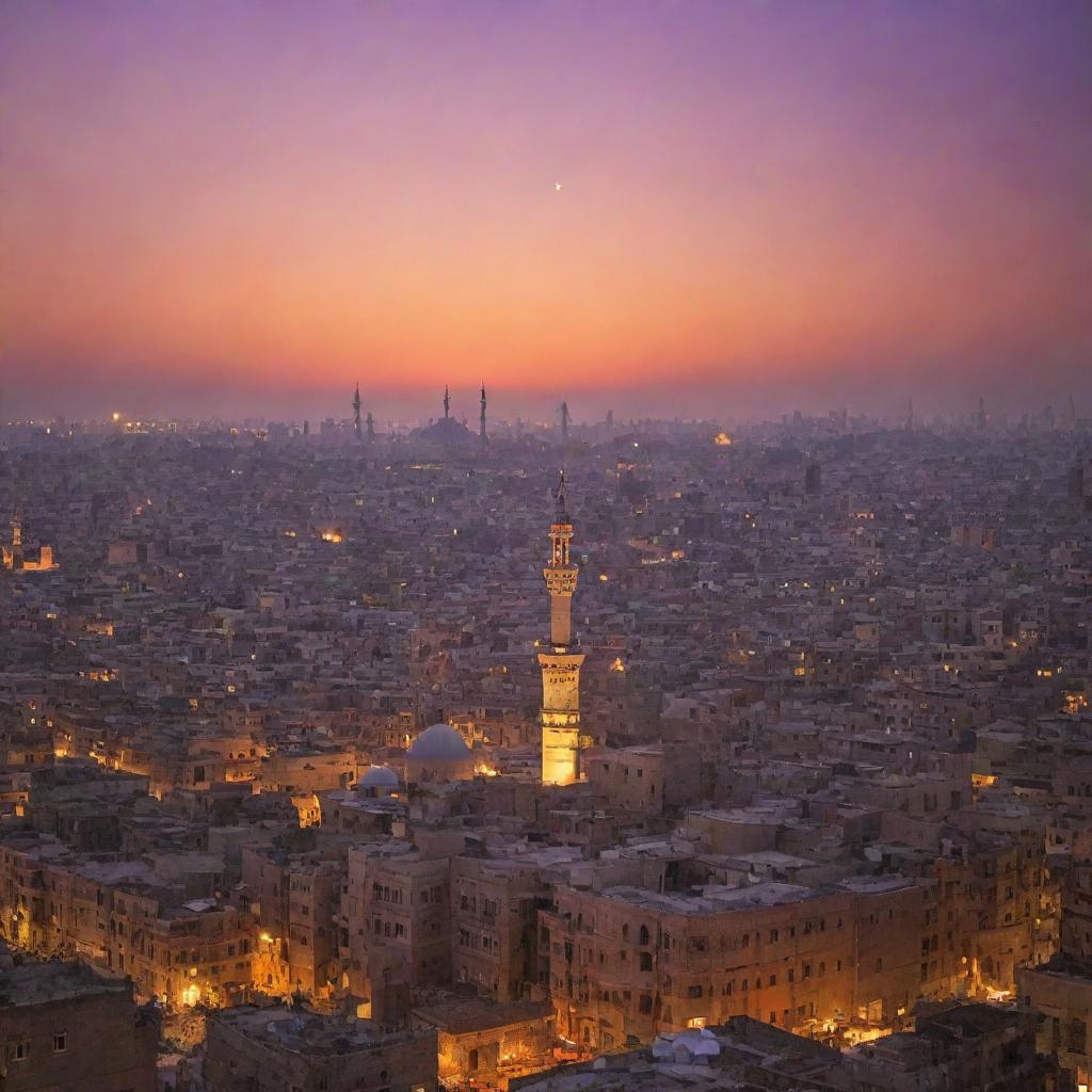 A beautiful cityscape of Cairo, Egypt at dusk with the majestic Islamic architecture highlighted. Mosques, minarets and traditional houses are punctuated by the orange and purple hues of the setting sun.