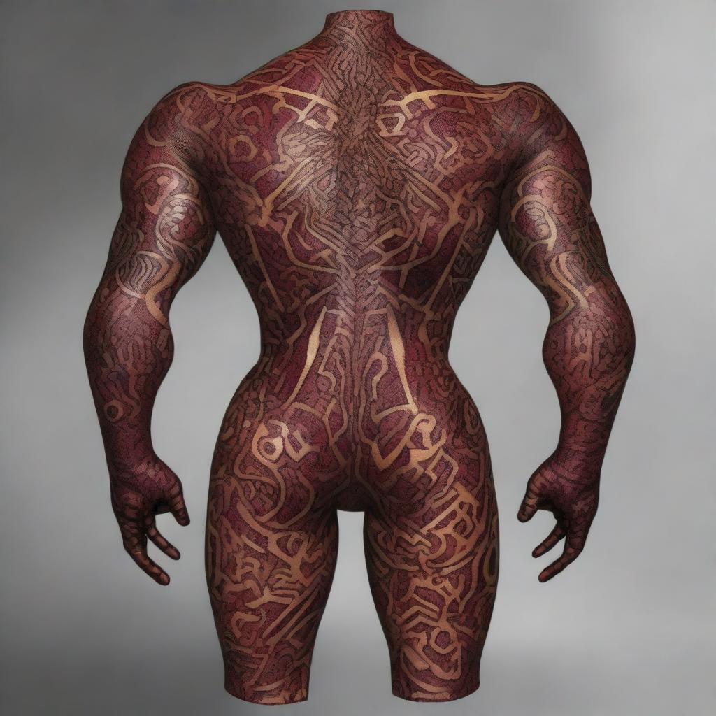 A high-quality digital art piece showcasing a full body tattoo in deep red hues on a metallic warforged, a robotic construct