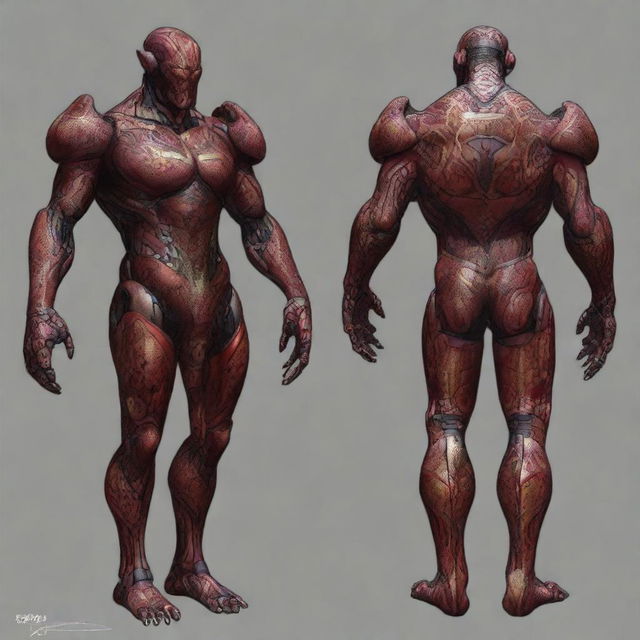 A high-quality digital art piece showcasing a full body tattoo in deep red hues on a metallic warforged, a robotic construct