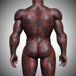 A high-quality digital art piece showcasing a full body tattoo in deep red hues on a metallic warforged, a robotic construct