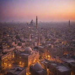 A beautiful cityscape of Cairo, Egypt at dusk with the majestic Islamic architecture highlighted. Mosques, minarets and traditional houses are punctuated by the orange and purple hues of the setting sun.