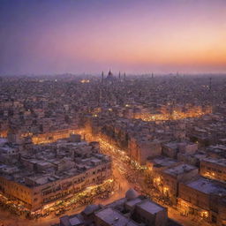 A beautiful cityscape of Cairo, Egypt at dusk with the majestic Islamic architecture highlighted. Mosques, minarets and traditional houses are punctuated by the orange and purple hues of the setting sun.