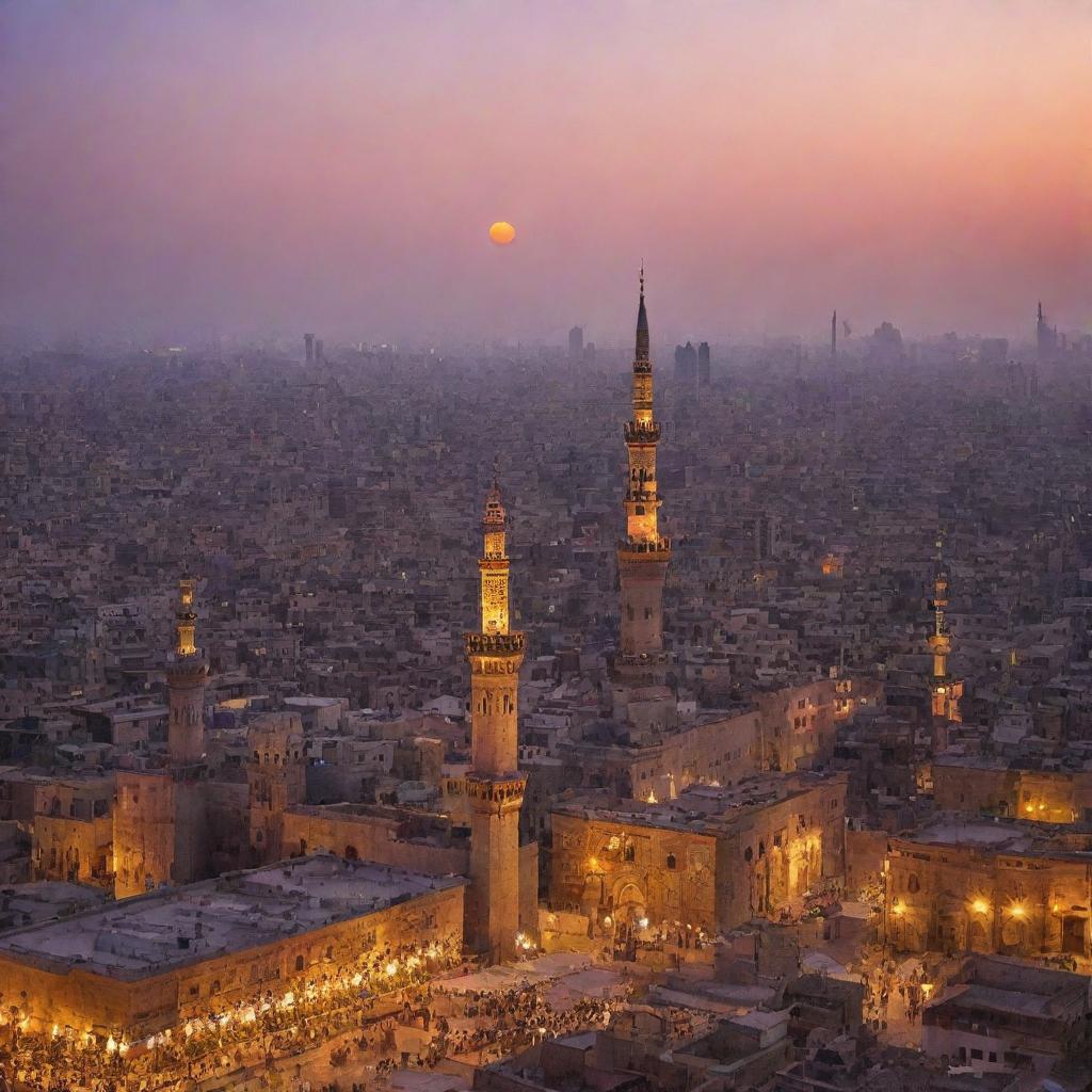 A beautiful cityscape of Cairo, Egypt at dusk with the majestic Islamic architecture highlighted. Mosques, minarets and traditional houses are punctuated by the orange and purple hues of the setting sun.