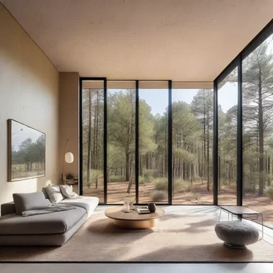 The architect designed a modern living room with a large window overlooking a beautiful prickly pine forest.