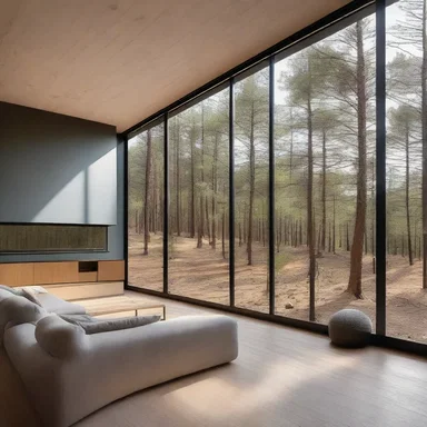 The architect designed a modern living room with a large window overlooking a beautiful prickly pine forest.