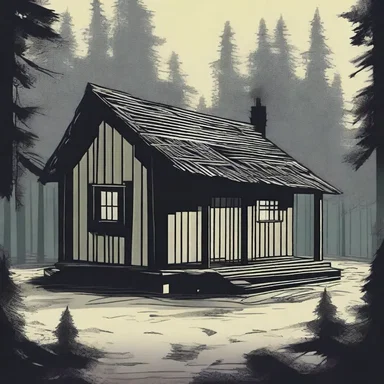 The protagonist stumbled upon a hidden cabin in the woods surrounded by prickly pine trees, creating a creepy and foreboding atmosphere.