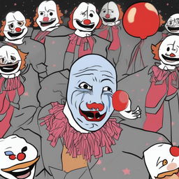 A digital art piece of the 'Wojak' meme, depicted with a foolishly excited expression and dressed as Bozo the Clown