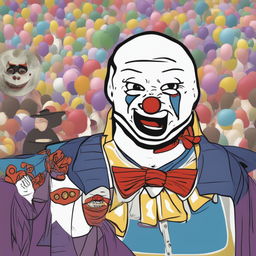 A digital art piece of the 'Wojak' meme, depicted with a foolishly excited expression and dressed as Bozo the Clown