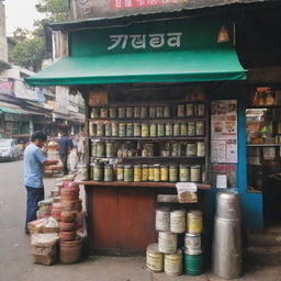 A quaint and charming tea stall on a bustling street, filled with a variety of tea canisters, a steaming kettle, and an inviting aroma swirling around.