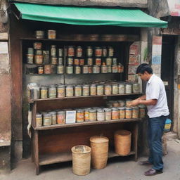 A quaint and charming tea stall on a bustling street, filled with a variety of tea canisters, a steaming kettle, and an inviting aroma swirling around.